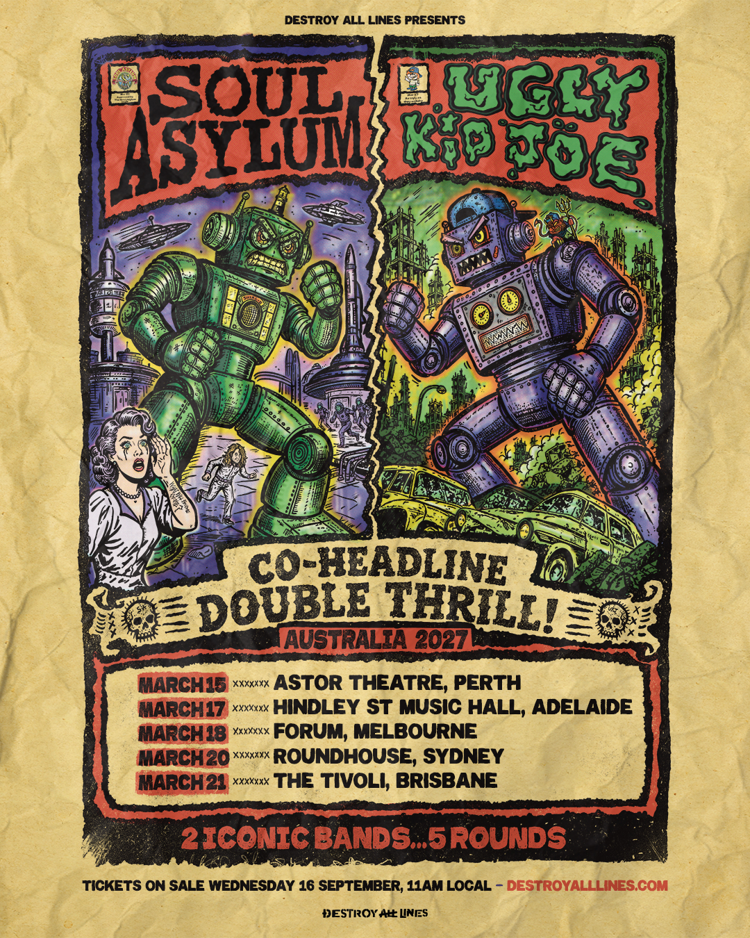 Tour poster for Soul Asylum and Ugly Kid Joe Double Thrill Australian Tour 2027 featuring giant robots fighting above concert dates.